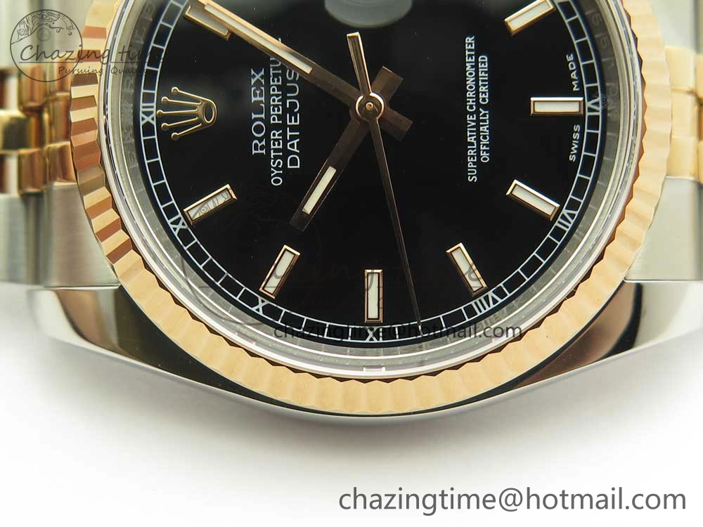 EyeCatching DateJust 36mm 116231 SS RG 904L ARF 1:1 Best Edition Black Dial Sticks Markers on 904L SS RG Jubilee Bracelet SA 10661