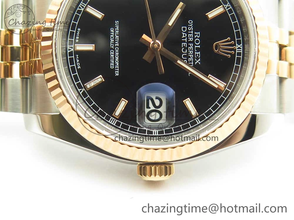 EyeCatching DateJust 36mm 116231 SS RG 904L ARF 1:1 Best Edition Black Dial Sticks Markers on 904L SS RG Jubilee Bracelet SA 10661