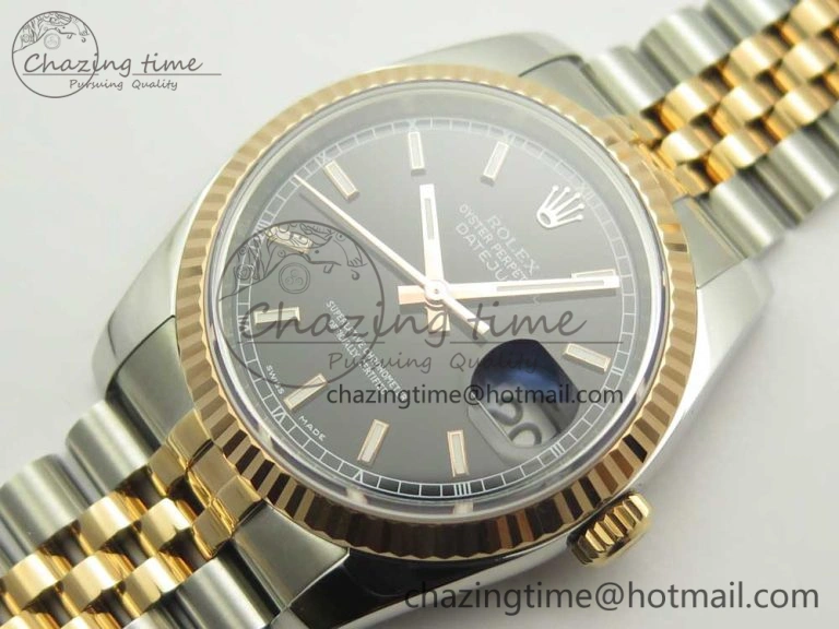 EyeCatching DateJust 36mm 116231 SS RG 904L ARF 1:1 Best Edition Black Dial Sticks Markers on 904L SS RG Jubilee Bracelet SA 10661