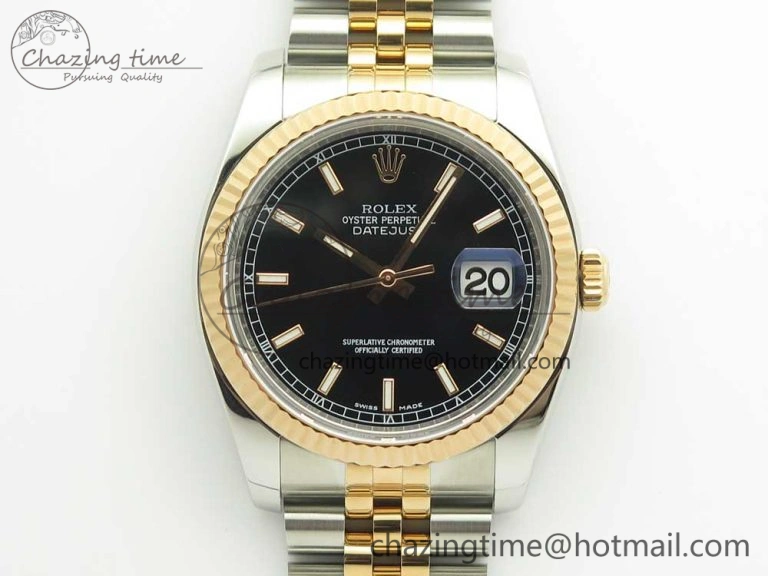 Comfortable DateJust 36mm 116231 SS RG 904L ARF 1:1 Best Edition Black Dial Sticks Markers on 904L SS RG Jubilee Bracelet SA 3346