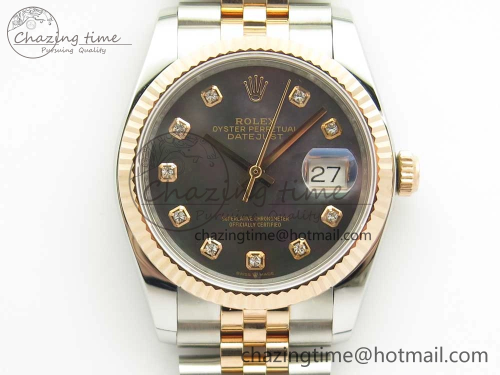 SoftTouch DateJust 36mm 904 SS RG Wrapped 116231 GMF Black MOP Diam Dial on SS RG Wrapped Jubilee Bracelet A 10598
