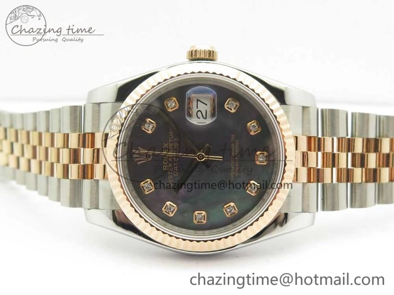 SoftTouch DateJust 36mm 904 SS RG Wrapped 116231 GMF Black MOP Diam Dial on SS RG Wrapped Jubilee Bracelet A 10598