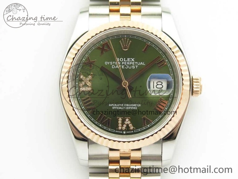 DateJust 36mm 904 SS RG Wrapped 116231 GMF Green Dial Roman Diam Markers on SS RG Wrapped Jubilee Bracelet A EyeCatching 3279