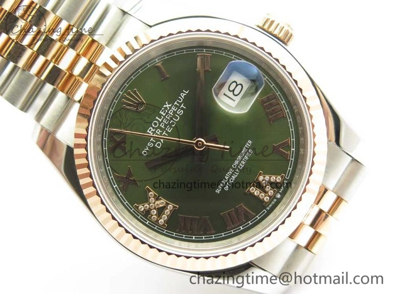 DateJust 36mm 904 SS RG Wrapped 116231 GMF Green Dial Roman Diam Markers on SS RG Wrapped Jubilee Bracelet A EyeCatching 3279