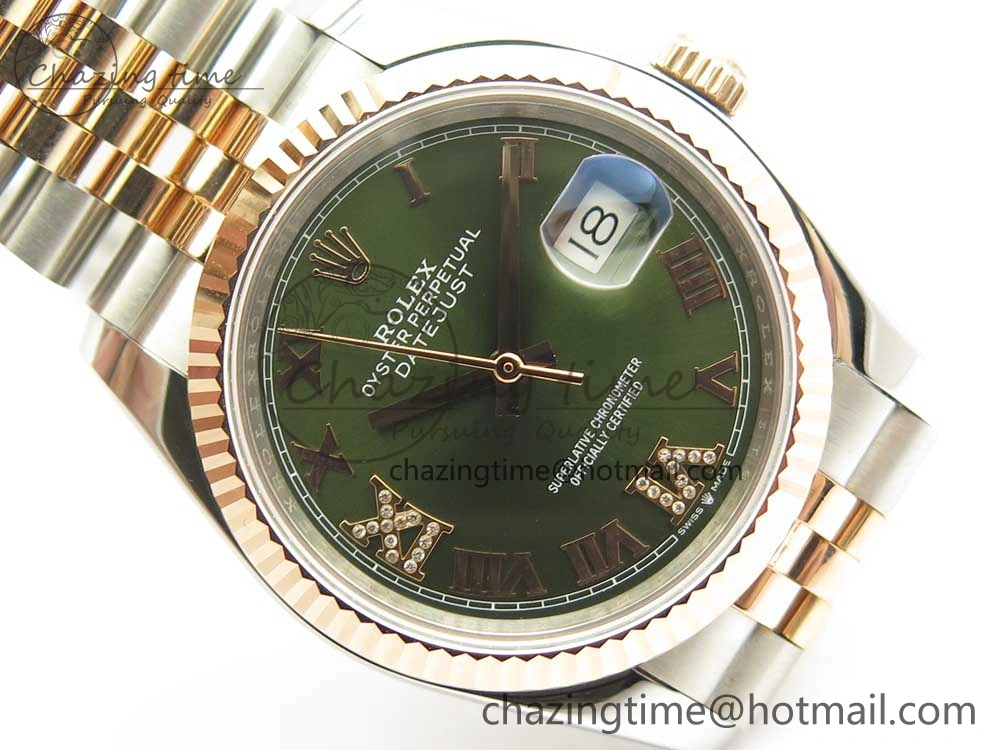 DateJust 36mm 904 SS RG Wrapped 116231 GMF Green Dial Roman Diam Markers on SS RG Wrapped Jubilee Bracelet A EyeCatching 3279