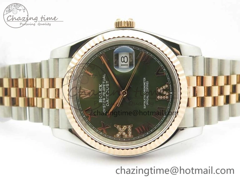 DateJust 36mm 904 SS RG Wrapped 116231 GMF Green Dial Roman Diam Markers on SS RG Wrapped Jubilee Bracelet A EyeCatching 3279