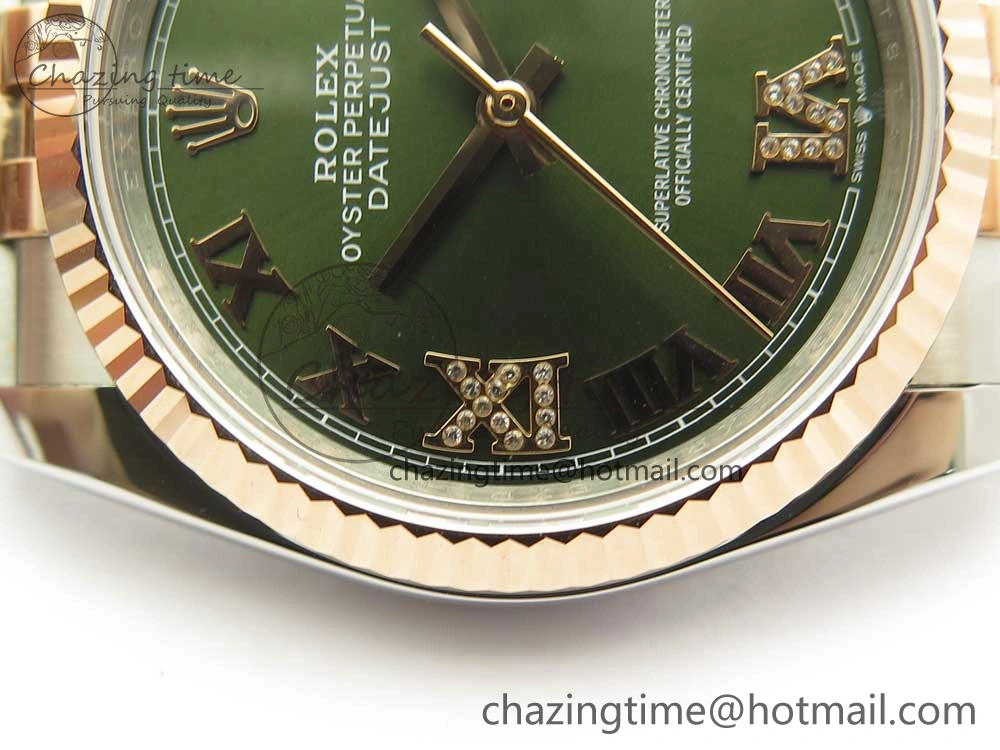 DateJust 36mm 904 SS RG Wrapped 116231 GMF Green Dial Roman Diam Markers on SS RG Wrapped Jubilee Bracelet A EyeCatching 3279