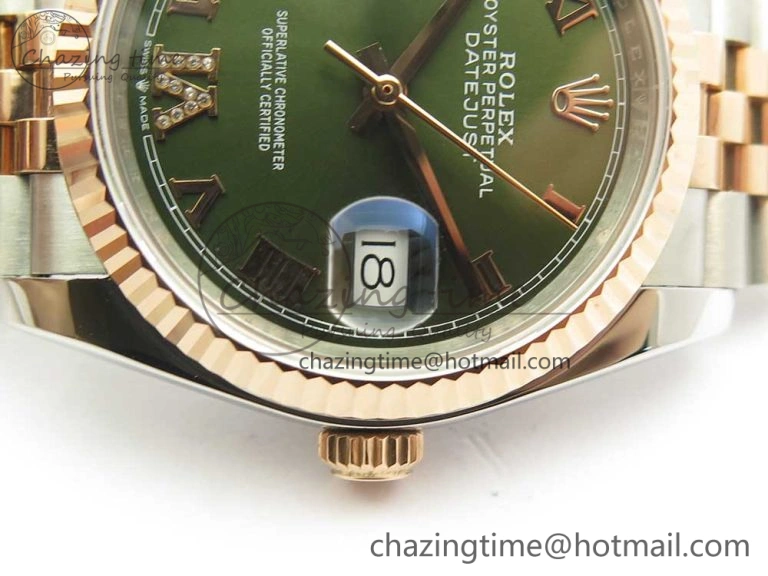 DateJust 36mm 904 SS RG Wrapped 116231 GMF Green Dial Roman Diam Markers on SS RG Wrapped Jubilee Bracelet A EyeCatching 3279