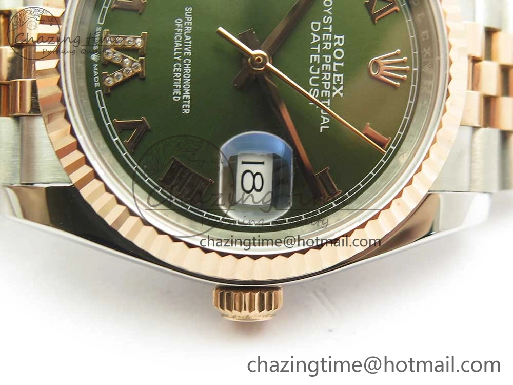 DateJust 36mm 904 SS RG Wrapped 116231 GMF Green Dial Roman Diam Markers on SS RG Wrapped Jubilee Bracelet A EyeCatching 3279