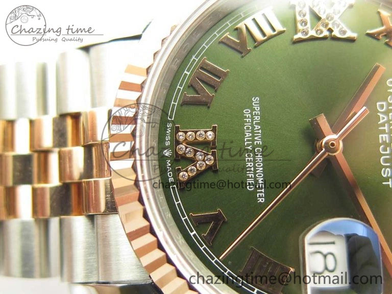 DateJust 36mm 904 SS RG Wrapped 116231 GMF Green Dial Roman Diam Markers on SS RG Wrapped Jubilee Bracelet A EyeCatching 3279