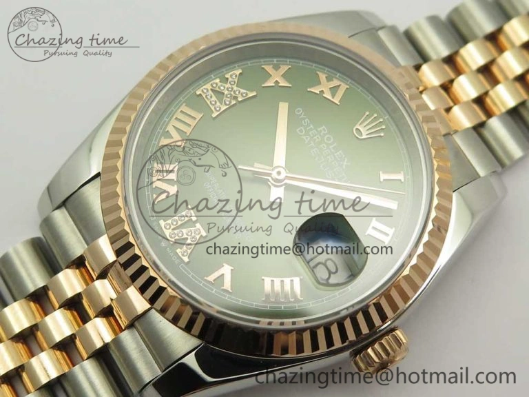 DateJust 36mm 904 SS RG Wrapped 116231 GMF Green Dial Roman Diam Markers on SS RG Wrapped Jubilee Bracelet A EyeCatching 3279