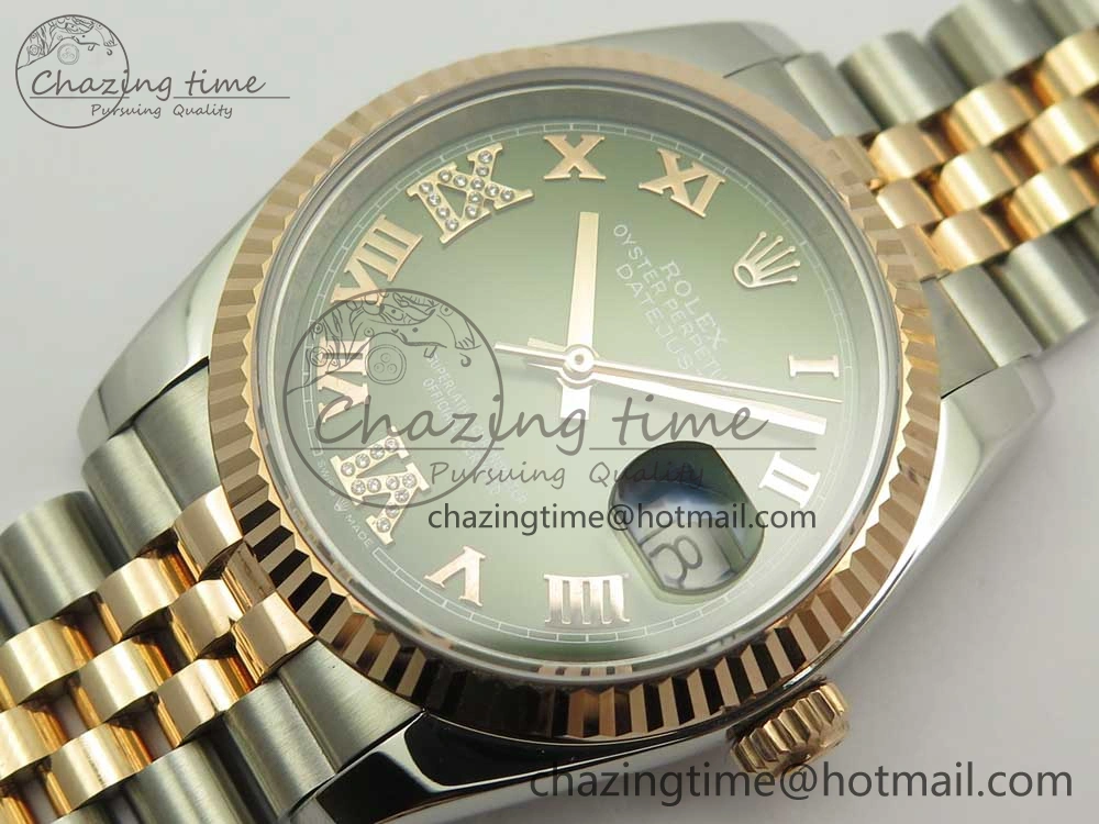 DateJust 36mm 904 SS RG Wrapped 116231 GMF Green Dial Roman Diam Markers on SS RG Wrapped Jubilee Bracelet A EyeCatching 3279