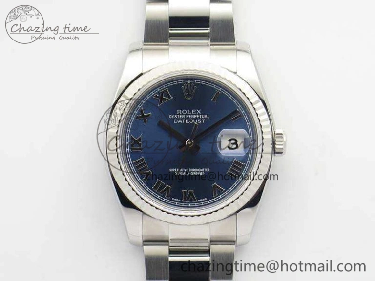 UrbanChic DateJust 36mm SS 116234 ARF 1:1 Best Edition Blue Roman Dial Fluted On 904L SS Oyster Bracelet SA 3516