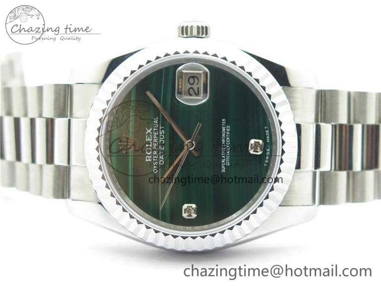 HighQuality DateJust 36mm SS EDF Best Edition Green Malachite Dial Crystal Markers on SS President Bracelet A 2861