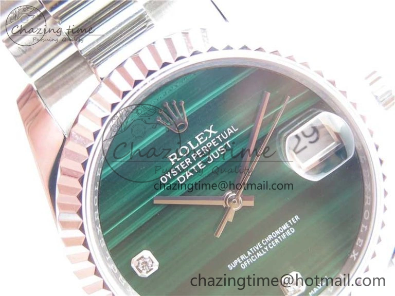 HighQuality DateJust 36mm SS EDF Best Edition Green Malachite Dial Crystal Markers on SS President Bracelet A 2861
