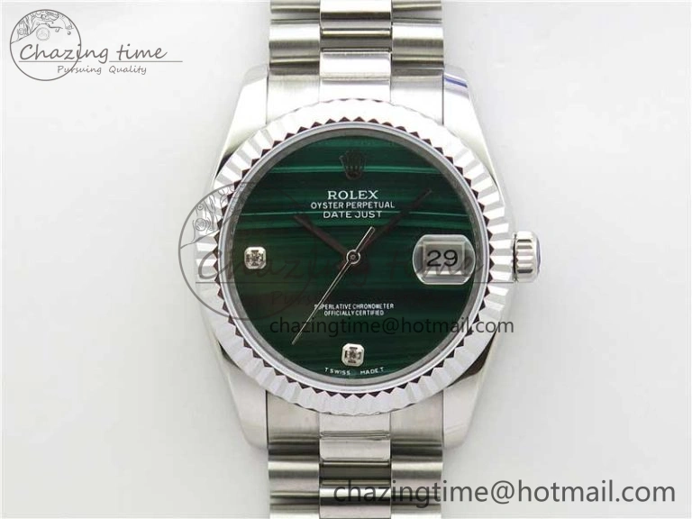 DateJust 36mm SS EDF Best Edition Green Malachite Dial Crystal Markers on SS President Bracelet A Durable 10444