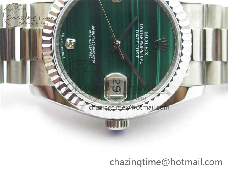 HighQuality DateJust 36mm SS EDF Best Edition Green Malachite Dial Crystal Markers on SS President Bracelet A 2861