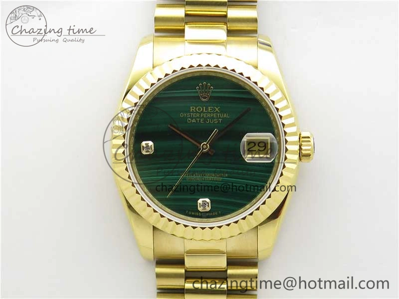 DateJust 36mm YG EDF Best Edition Green Malachite Dial Crystal Markers on YG President Bracelet A Stylish 2857