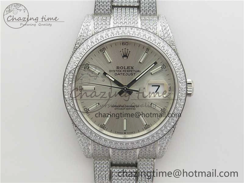 DateJust 41 126334 904 Full Paved Diamonds BP Maker Best Edition Silver Dial on Oyster Bracelet A Soft 2542