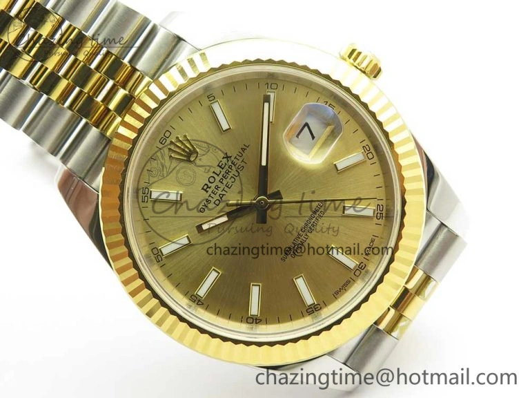 Sleek DateJust 41 126334 904L SS YG DJF 1:1 Best Edition Gold Dial Sticks Markers on SS YG Jubilee Bracelet A 3249