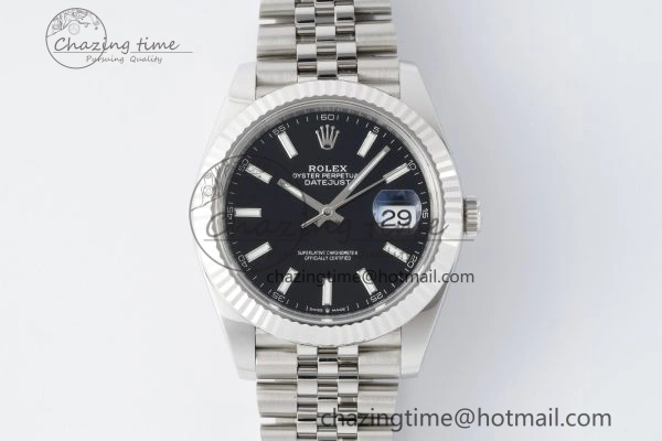 DateJust 41 SS Fluted Bezel KING 1:1 Best Edition 904L Steel Black Stick Dial on Jubilee Bracelet VR SmoothTexture 2208