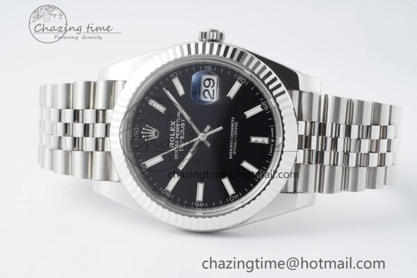 DateJust 41 SS Fluted Bezel KING 1:1 Best Edition 904L Steel Black Stick Dial on Jubilee Bracelet VR SmoothTexture 2208