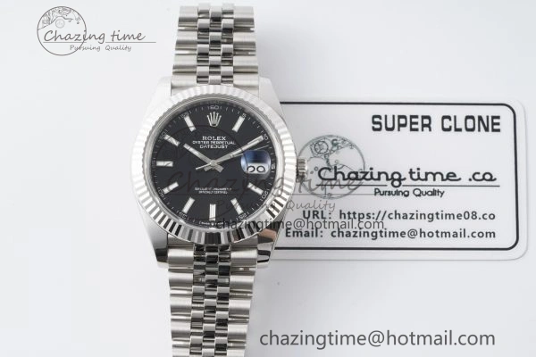 DateJust 41 SS Fluted Bezel KING 1:1 Best Edition 904L Steel Black Stick Dial on Jubilee Bracelet VR SmoothTexture 2208