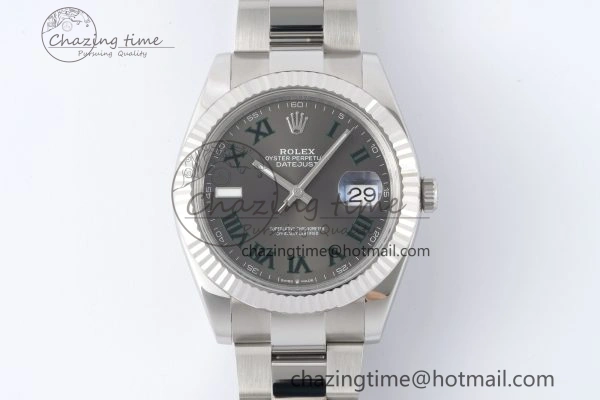 Chic DateJust 41 SS Fluted Bezel KING 1:1 Best Edition 904L Steel Gray Dial Green Roman on Oyster Bracelet VR 2217