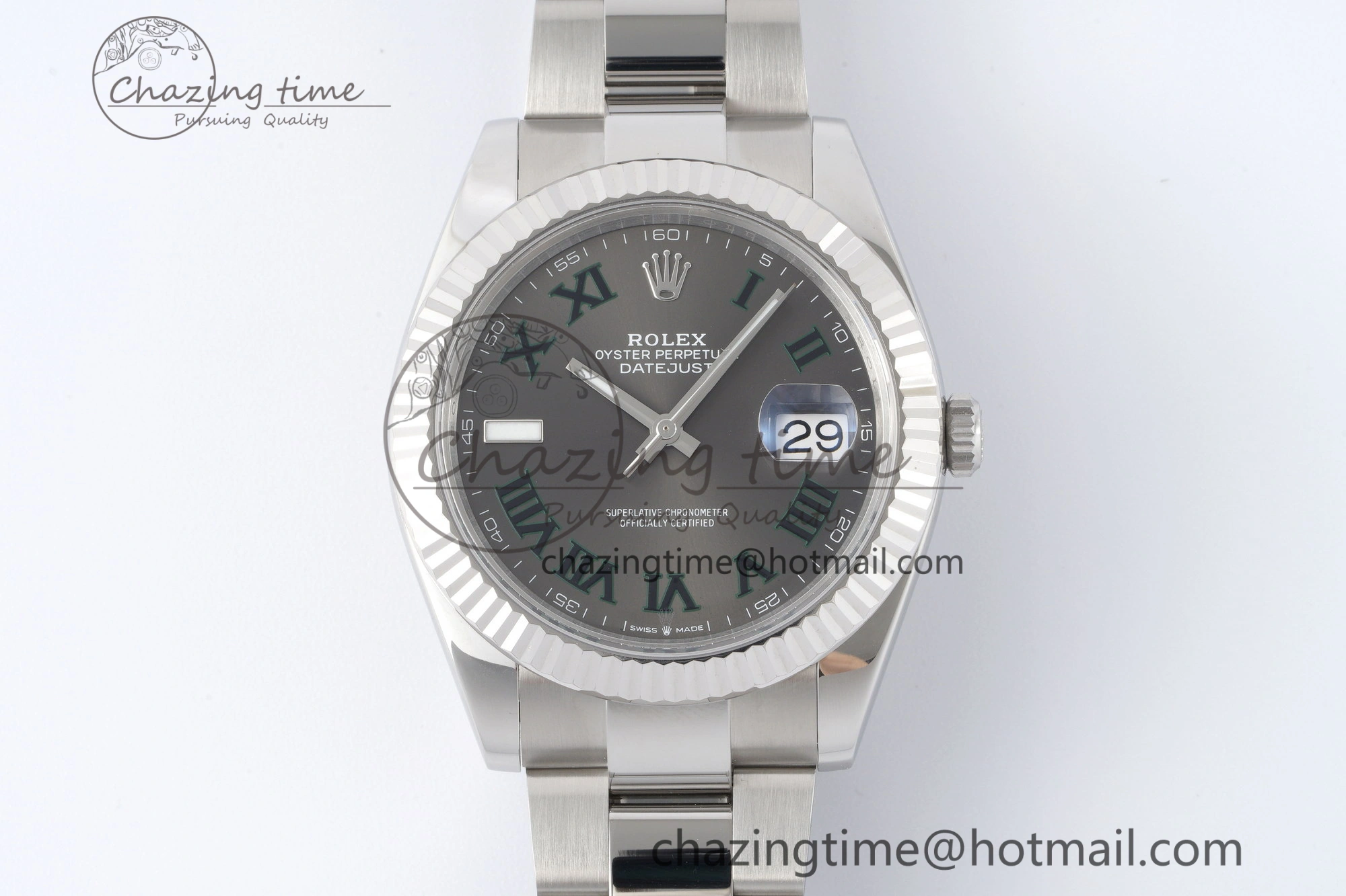 Chic DateJust 41 SS Fluted Bezel KING 1:1 Best Edition 904L Steel Gray Dial Green Roman on Oyster Bracelet VR 2217