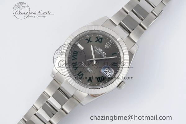 Chic DateJust 41 SS Fluted Bezel KING 1:1 Best Edition 904L Steel Gray Dial Green Roman on Oyster Bracelet VR 2217