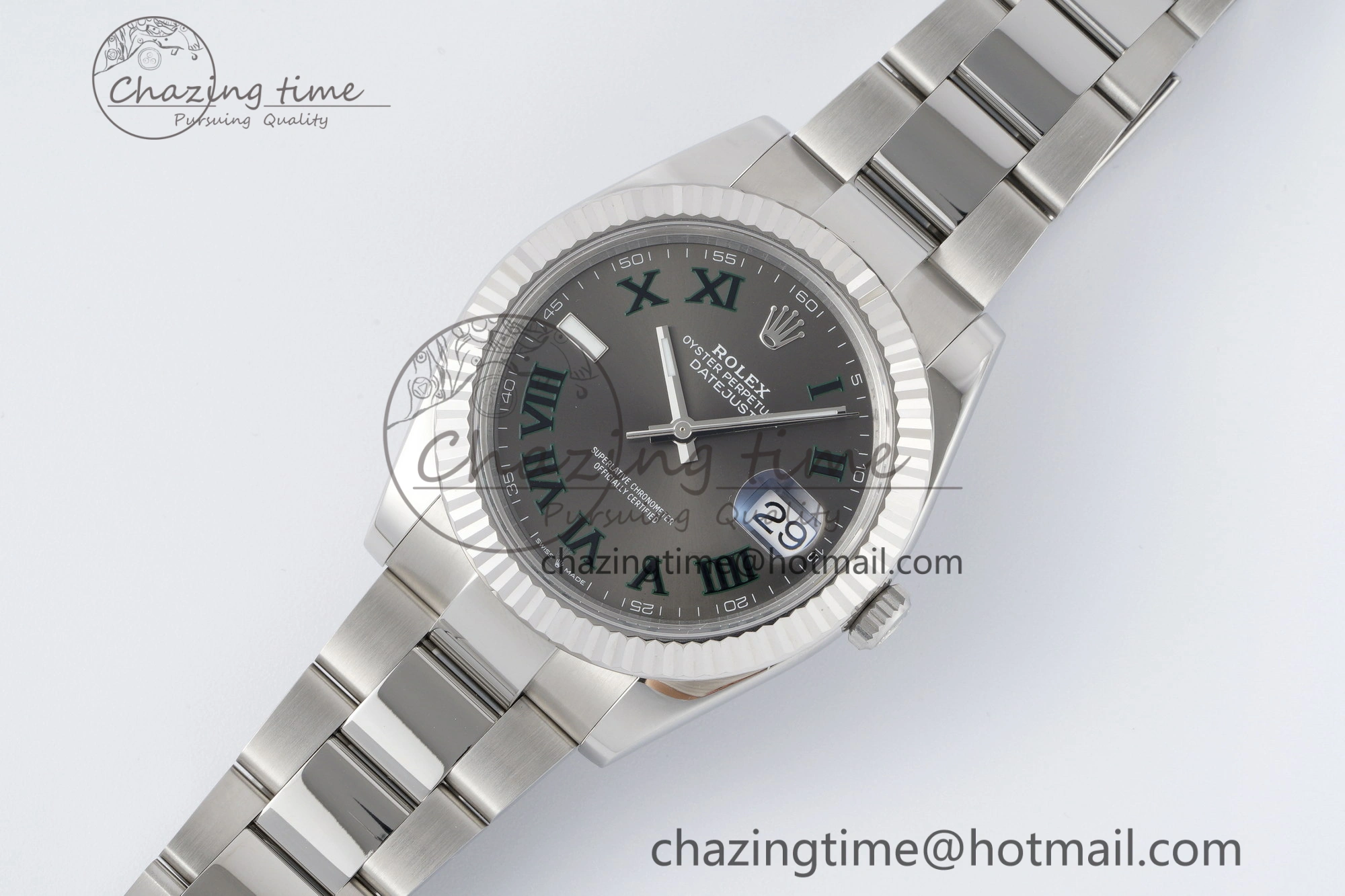 Chic DateJust 41 SS Fluted Bezel KING 1:1 Best Edition 904L Steel Gray Dial Green Roman on Oyster Bracelet VR 2217