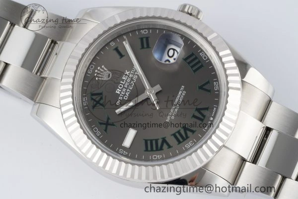 Chic DateJust 41 SS Fluted Bezel KING 1:1 Best Edition 904L Steel Gray Dial Green Roman on Oyster Bracelet VR 2217