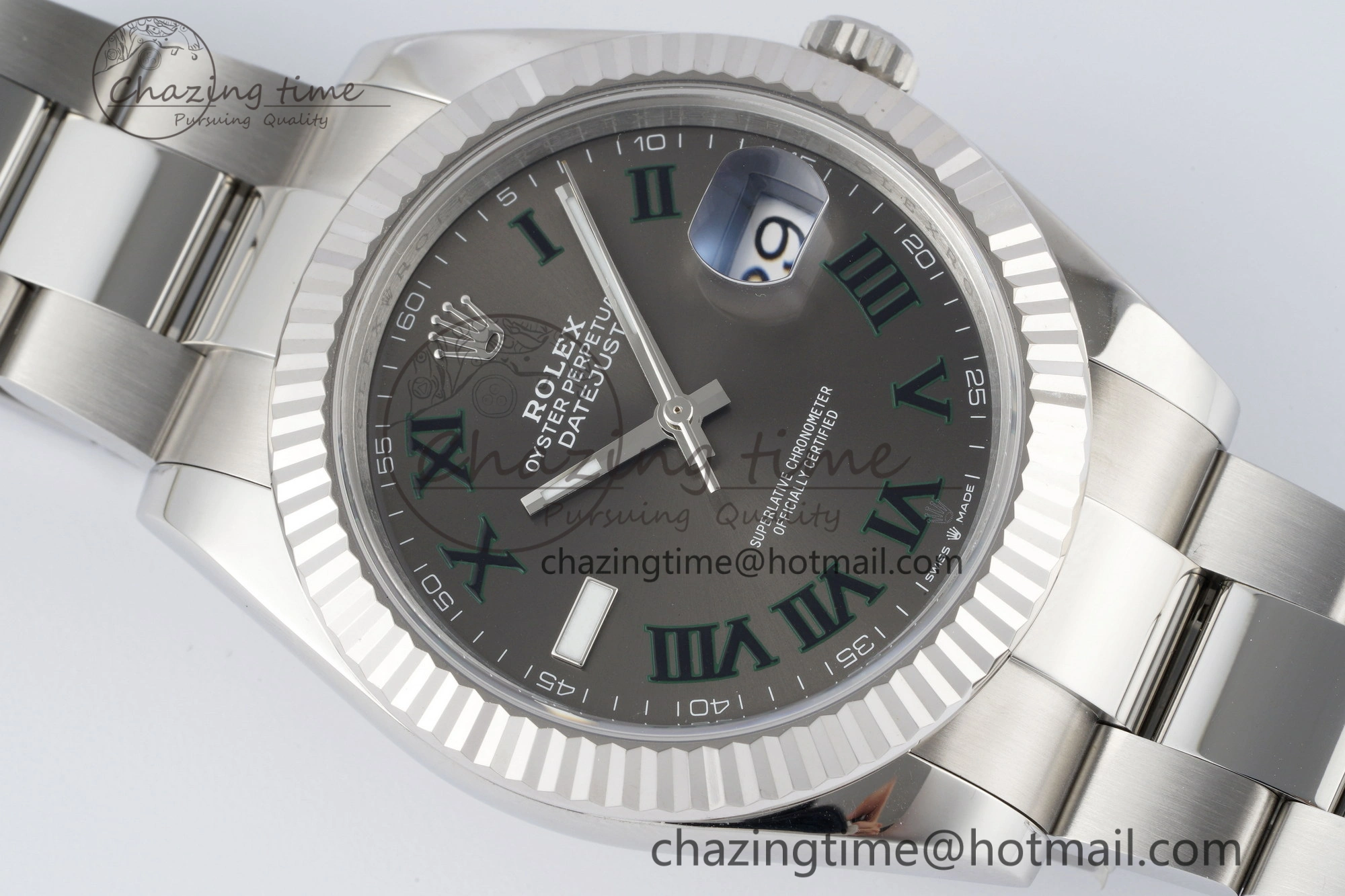 Chic DateJust 41 SS Fluted Bezel KING 1:1 Best Edition 904L Steel Gray Dial Green Roman on Oyster Bracelet VR 2217