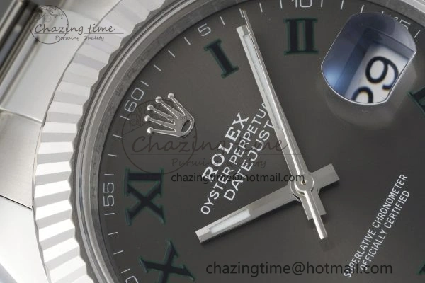 Chic DateJust 41 SS Fluted Bezel KING 1:1 Best Edition 904L Steel Gray Dial Green Roman on Oyster Bracelet VR 2217