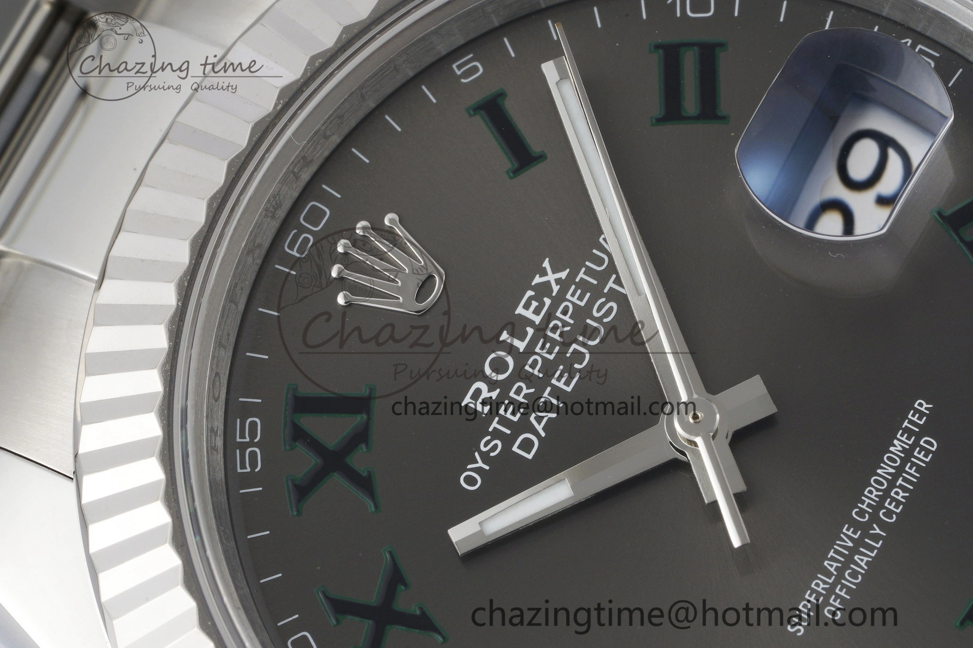 Chic DateJust 41 SS Fluted Bezel KING 1:1 Best Edition 904L Steel Gray Dial Green Roman on Oyster Bracelet VR 2217
