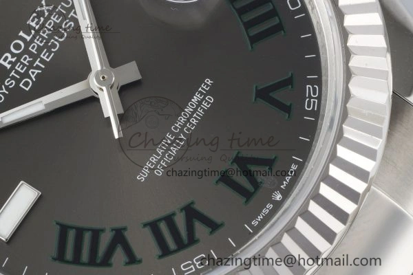 Chic DateJust 41 SS Fluted Bezel KING 1:1 Best Edition 904L Steel Gray Dial Green Roman on Oyster Bracelet VR 2217