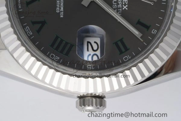 Chic DateJust 41 SS Fluted Bezel KING 1:1 Best Edition 904L Steel Gray Dial Green Roman on Oyster Bracelet VR 2217