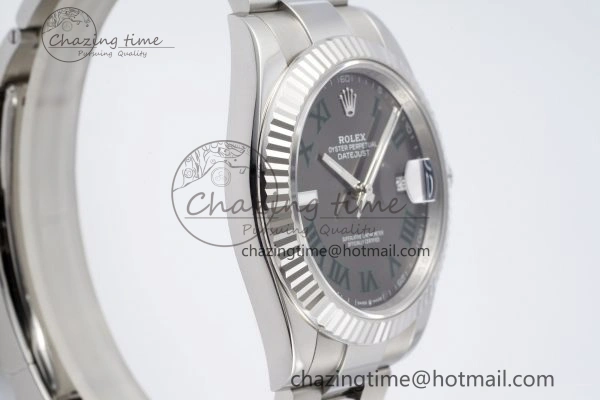 Chic DateJust 41 SS Fluted Bezel KING 1:1 Best Edition 904L Steel Gray Dial Green Roman on Oyster Bracelet VR 2217