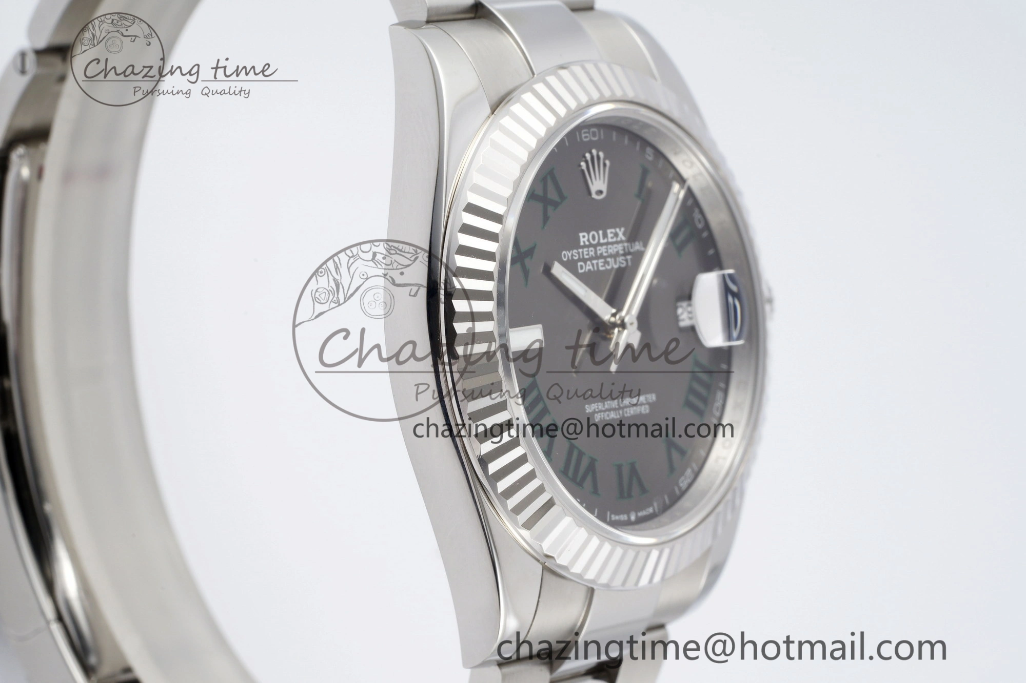 Chic DateJust 41 SS Fluted Bezel KING 1:1 Best Edition 904L Steel Gray Dial Green Roman on Oyster Bracelet VR 2217