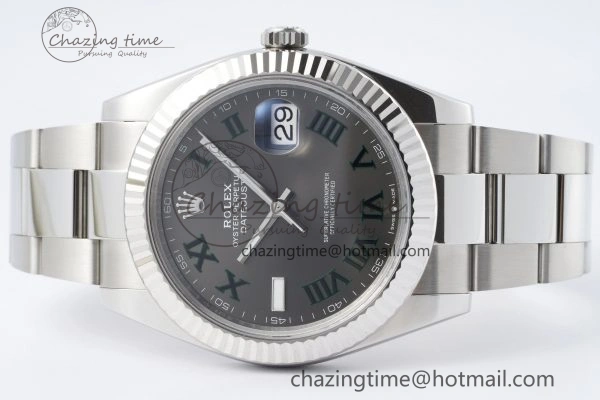 Chic DateJust 41 SS Fluted Bezel KING 1:1 Best Edition 904L Steel Gray Dial Green Roman on Oyster Bracelet VR 2217