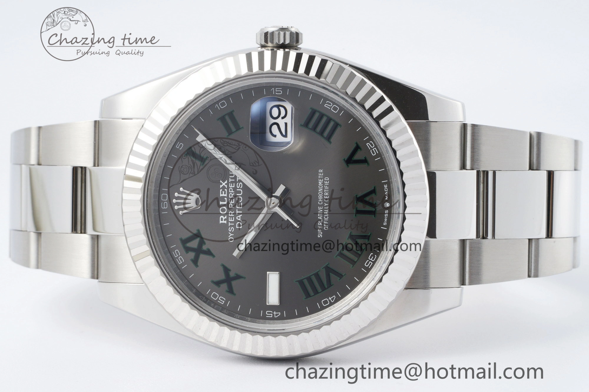 Chic DateJust 41 SS Fluted Bezel KING 1:1 Best Edition 904L Steel Gray Dial Green Roman on Oyster Bracelet VR 2217