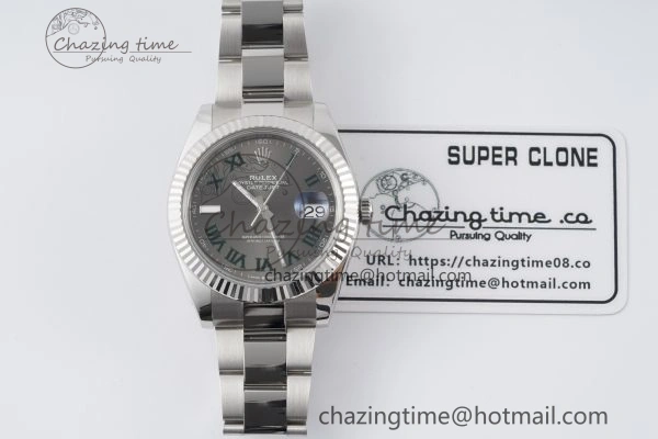 Chic DateJust 41 SS Fluted Bezel KING 1:1 Best Edition 904L Steel Gray Dial Green Roman on Oyster Bracelet VR 2217