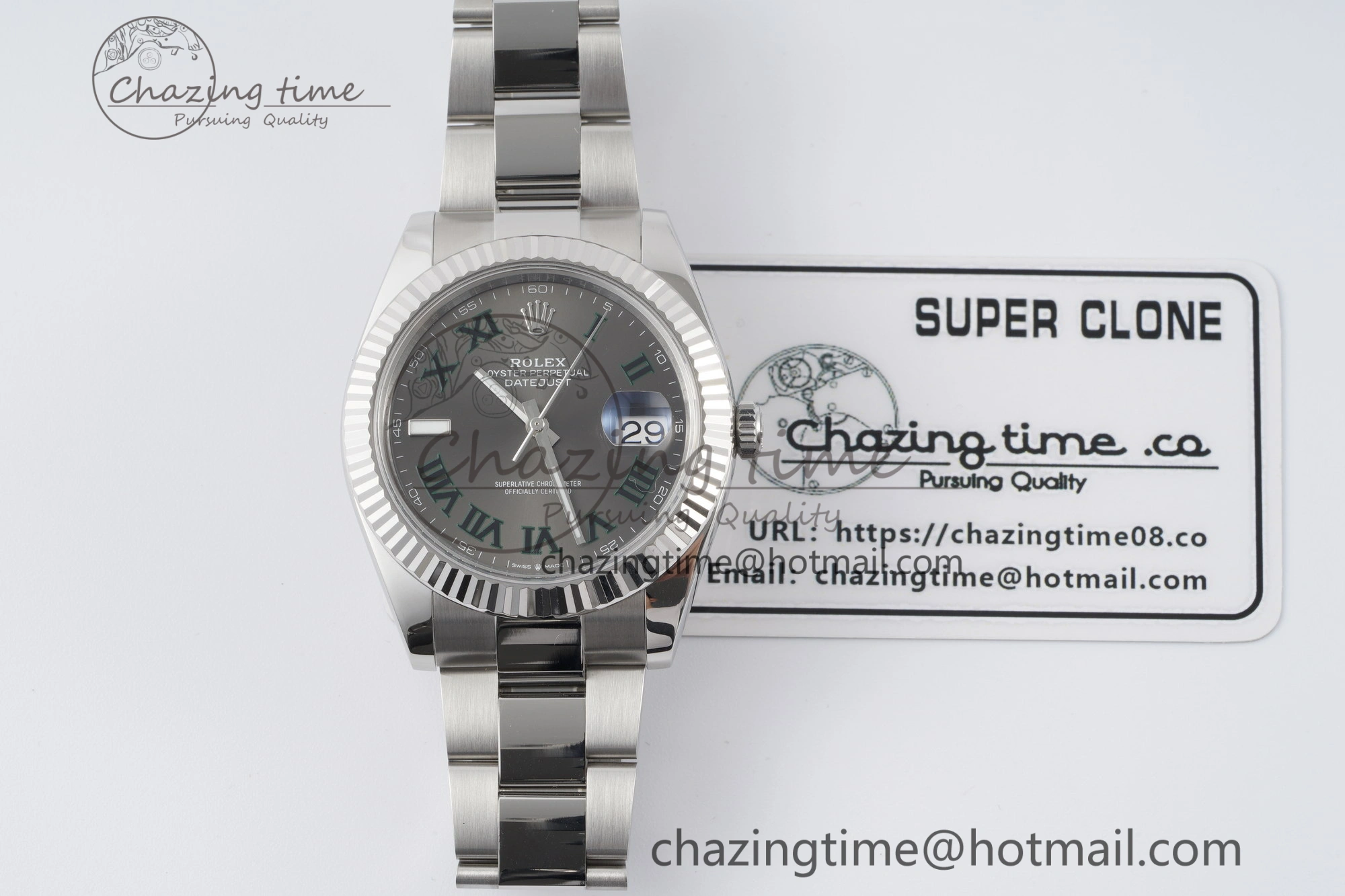 Chic DateJust 41 SS Fluted Bezel KING 1:1 Best Edition 904L Steel Gray Dial Green Roman on Oyster Bracelet VR 2217