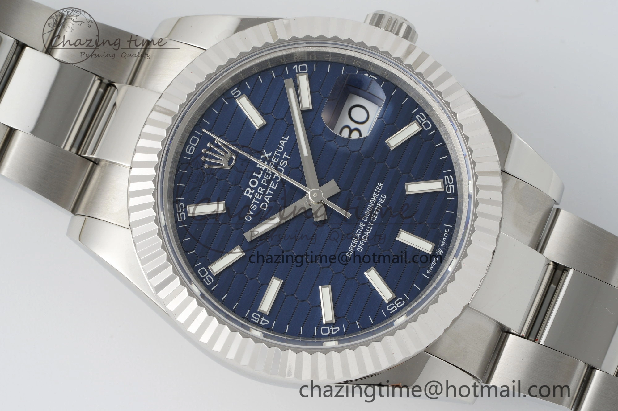 Durable DateJust 41 SS JDF 904L Steel Blue Textured Dial on Oyster Bracelet VR3235 V 2236