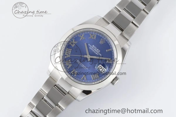 Affordable DateJust 41 SS Polished Bezel KING 1:1 Best Edition 904L Steel Blue Roman Dial on Oyster Bracelet VR 2212