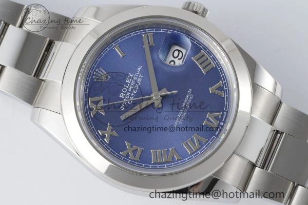 Affordable DateJust 41 SS Polished Bezel KING 1:1 Best Edition 904L Steel Blue Roman Dial on Oyster Bracelet VR 2212