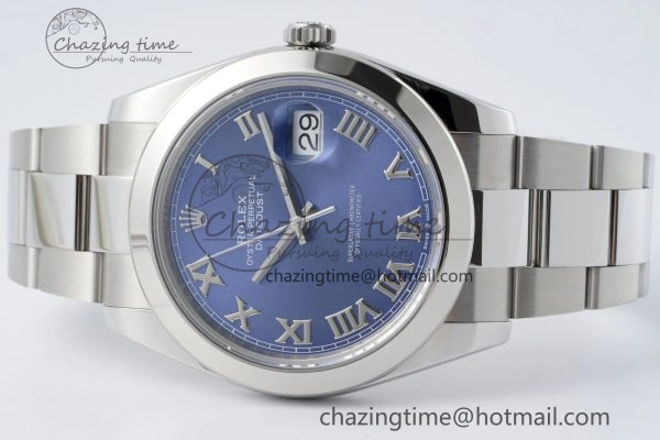 Affordable DateJust 41 SS Polished Bezel KING 1:1 Best Edition 904L Steel Blue Roman Dial on Oyster Bracelet VR 2212