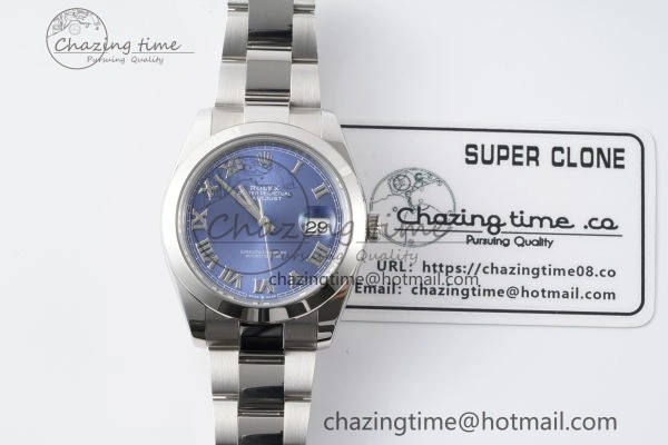 Affordable DateJust 41 SS Polished Bezel KING 1:1 Best Edition 904L Steel Blue Roman Dial on Oyster Bracelet VR 2212