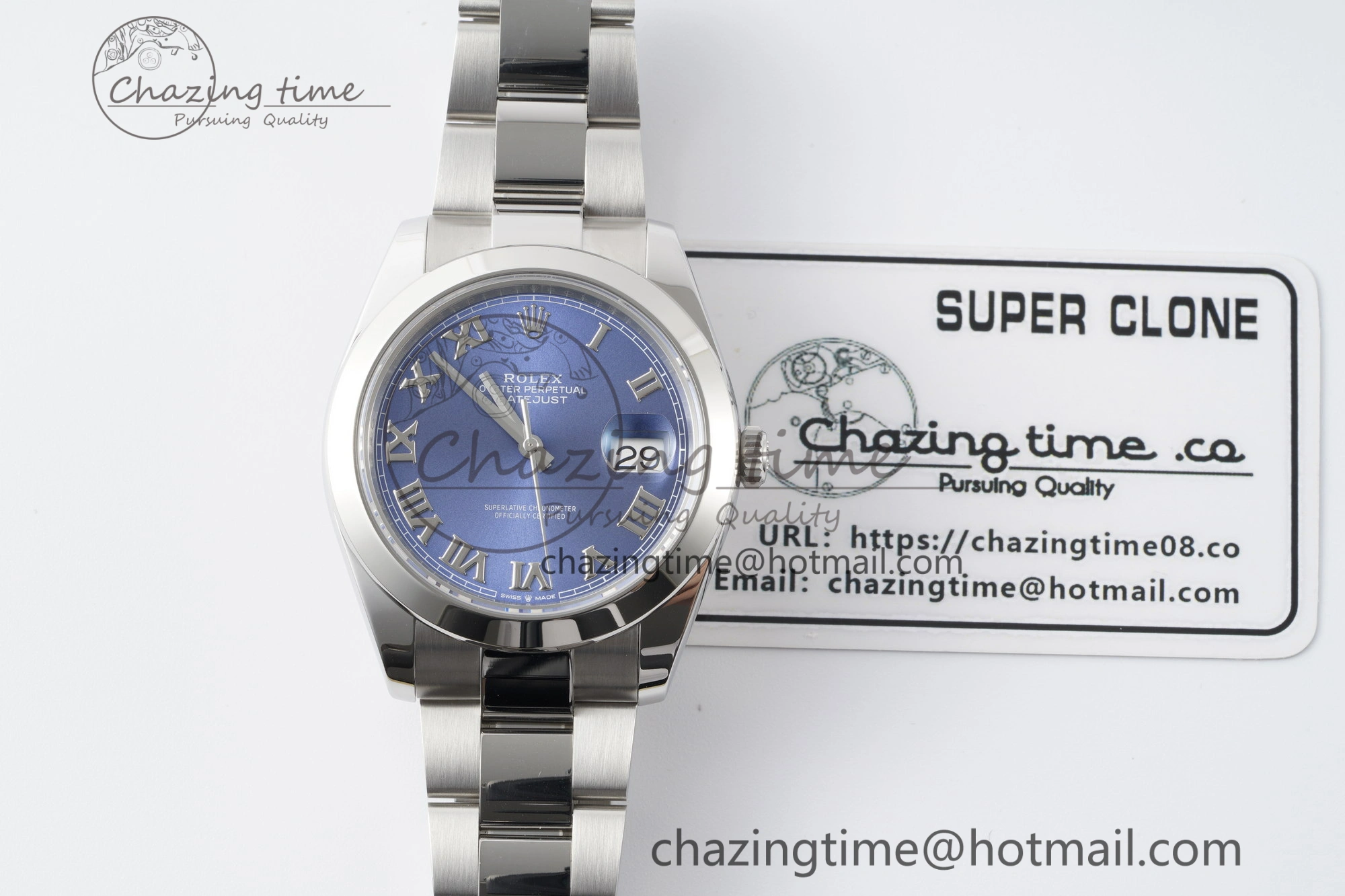 Affordable DateJust 41 SS Polished Bezel KING 1:1 Best Edition 904L Steel Blue Roman Dial on Oyster Bracelet VR 2212