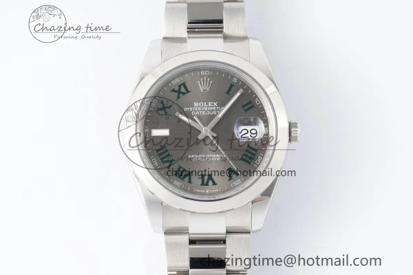 Sleek DateJust 41 SS Polished Bezel KING 1:1 Best Edition 904L Steel Gray Dial Green Roman on Oyster Bracelet VR 2163